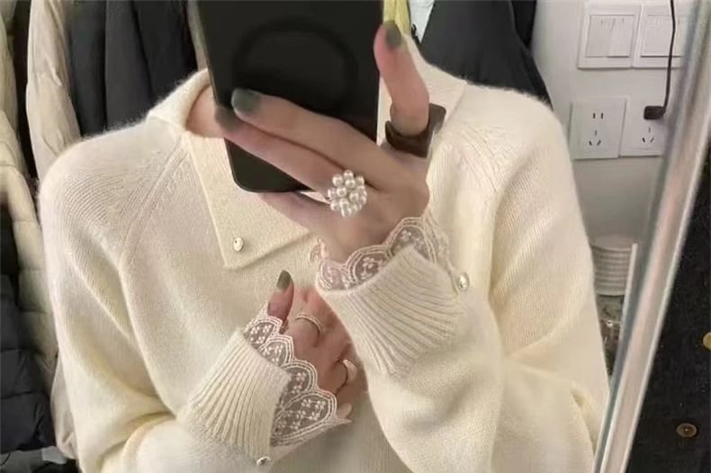 Lace Trim Collared Knit Pullover