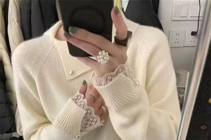 Lace Trim Collared Knit Pullover