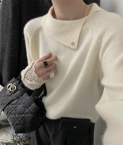 Lace Trim Collared Knit Pullover