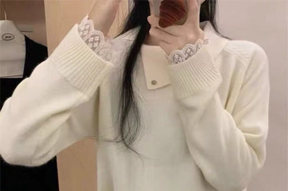 Lace Trim Collared Knit Pullover