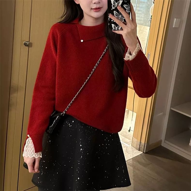 Lace Trim Collared Knit Pullover