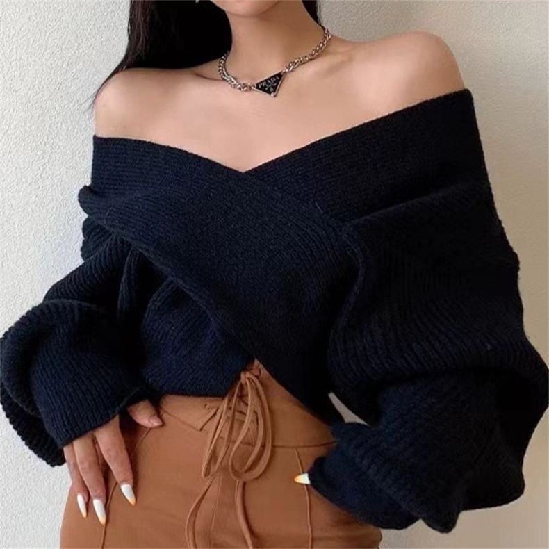 Ribbed V-Neck Sweater with Side Slit