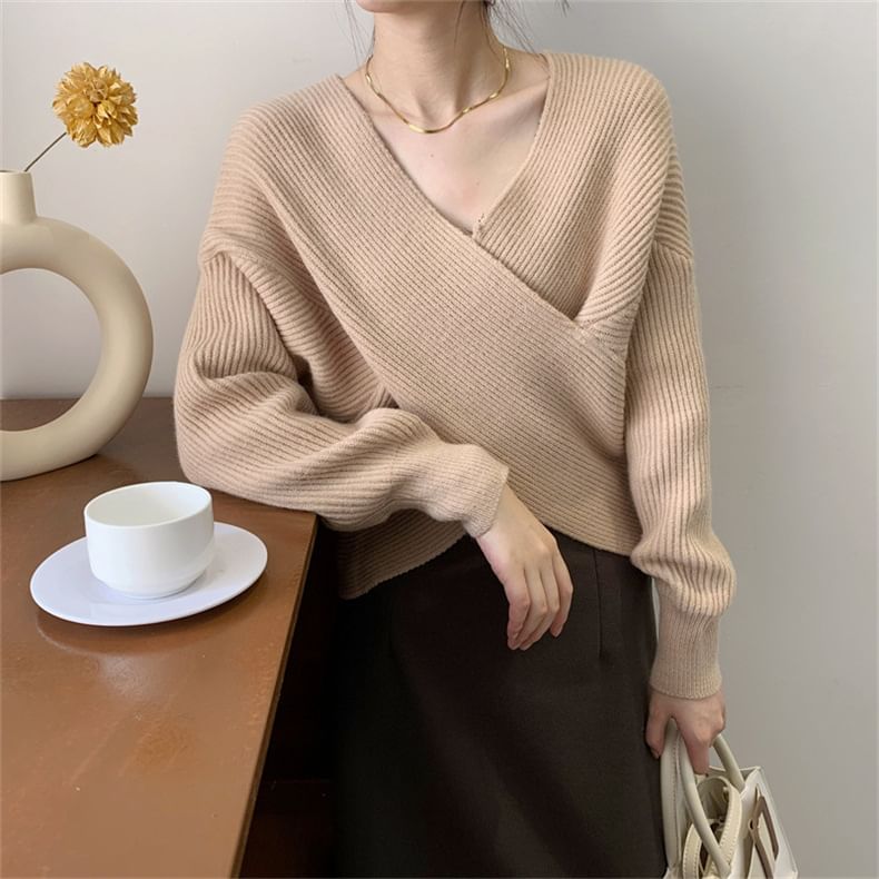 Ribbed V-Neck Sweater with Side Slit