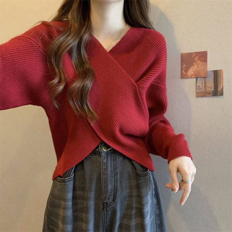 Ribbed V-Neck Sweater with Side Slit