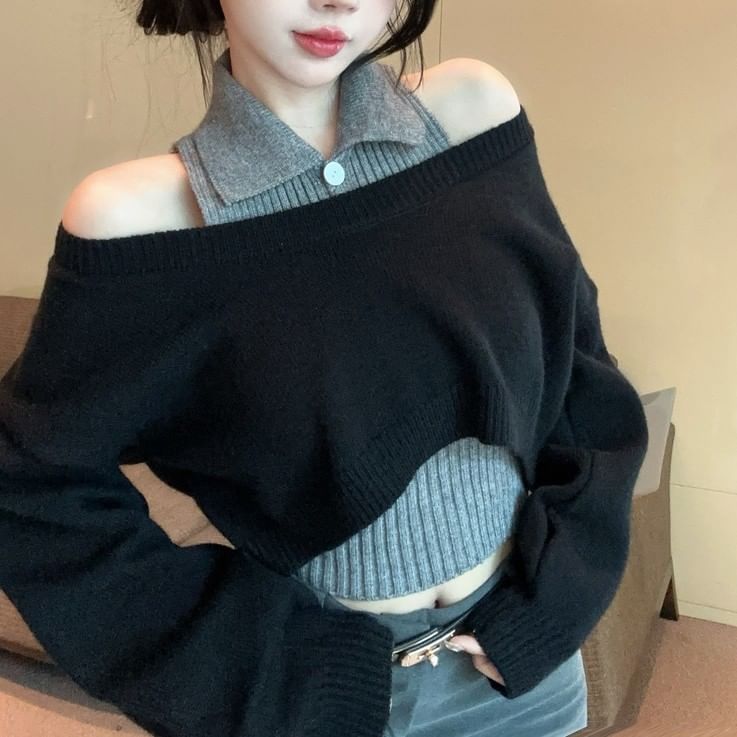 Cropped Sweater and Ribbed Tank Top Set