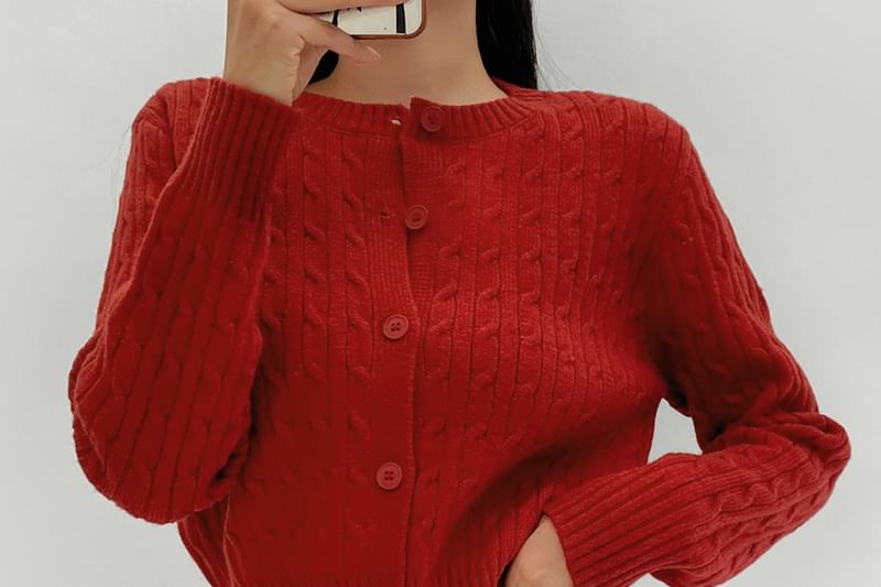 V-Neck Plain Cable Knit Button Up Cardigan