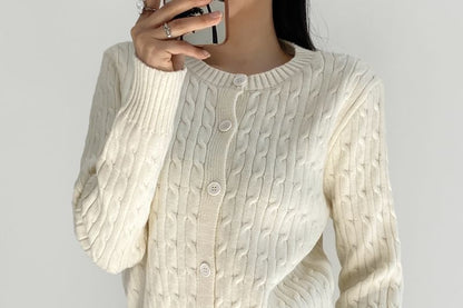 V-Neck Plain Cable Knit Button Up Cardigan