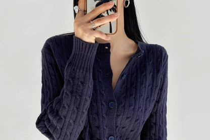 V-Neck Plain Cable Knit Button Up Cardigan