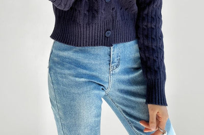 V-Neck Plain Cable Knit Button Up Cardigan
