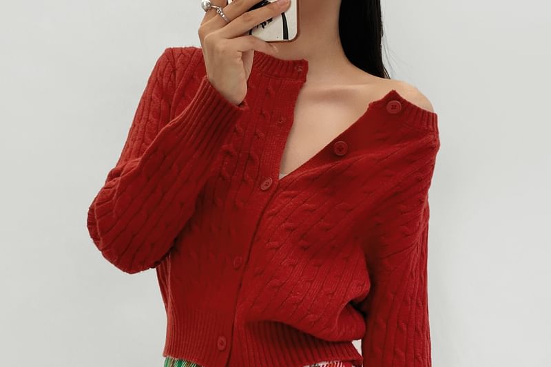 V-Neck Plain Cable Knit Button Up Cardigan