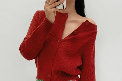 V-Neck Plain Cable Knit Button Up Cardigan