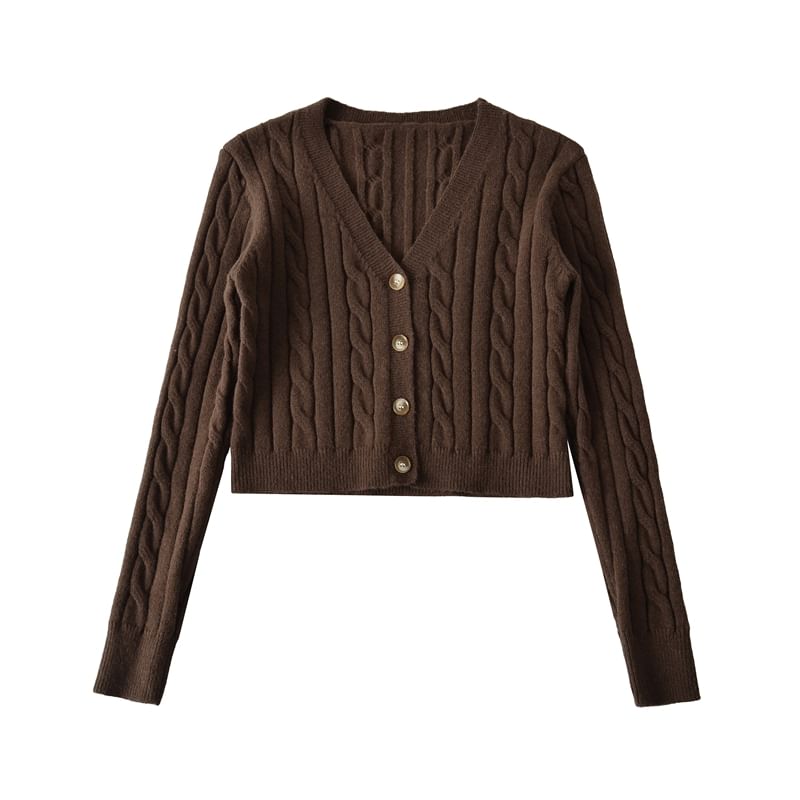 V-Neck Plain Cable Knit Crop Cardigan