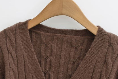 V-Neck Plain Cable Knit Crop Cardigan