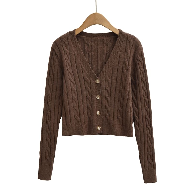 V-Neck Plain Cable Knit Crop Cardigan
