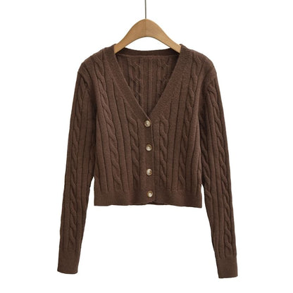 V-Neck Plain Cable Knit Crop Cardigan
