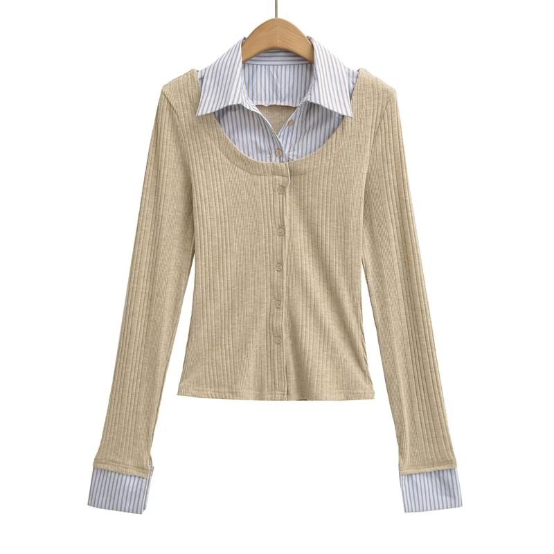 Collared Striped Mock Two Piece Cardigan