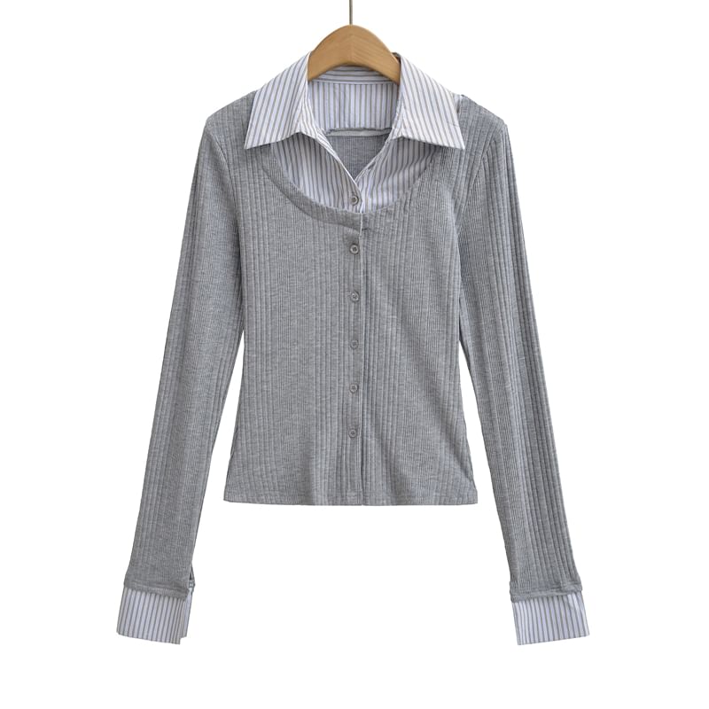 Collared Striped Mock Two Piece Cardigan