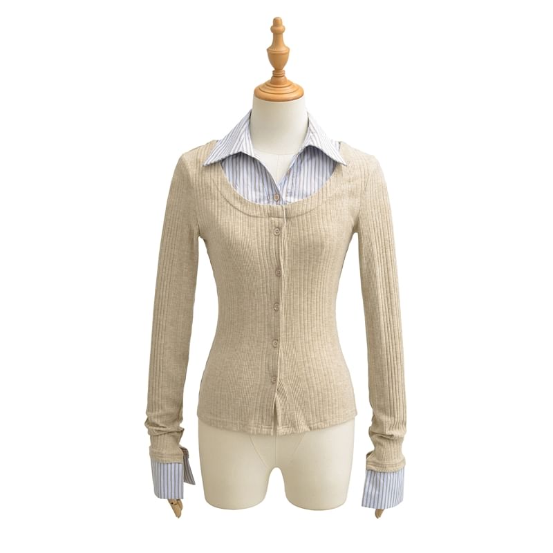 Collared Striped Mock Two Piece Cardigan