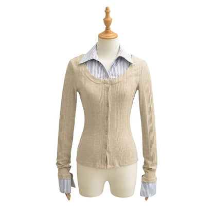 Collared Striped Mock Two Piece Cardigan