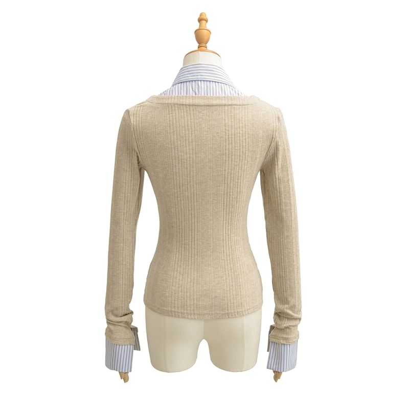 Collared Striped Mock Two Piece Cardigan