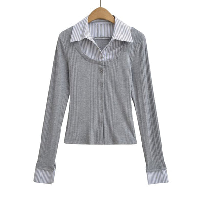 Collared Striped Mock Two Piece Cardigan