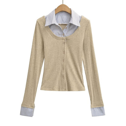 Collared Striped Mock Two Piece Cardigan