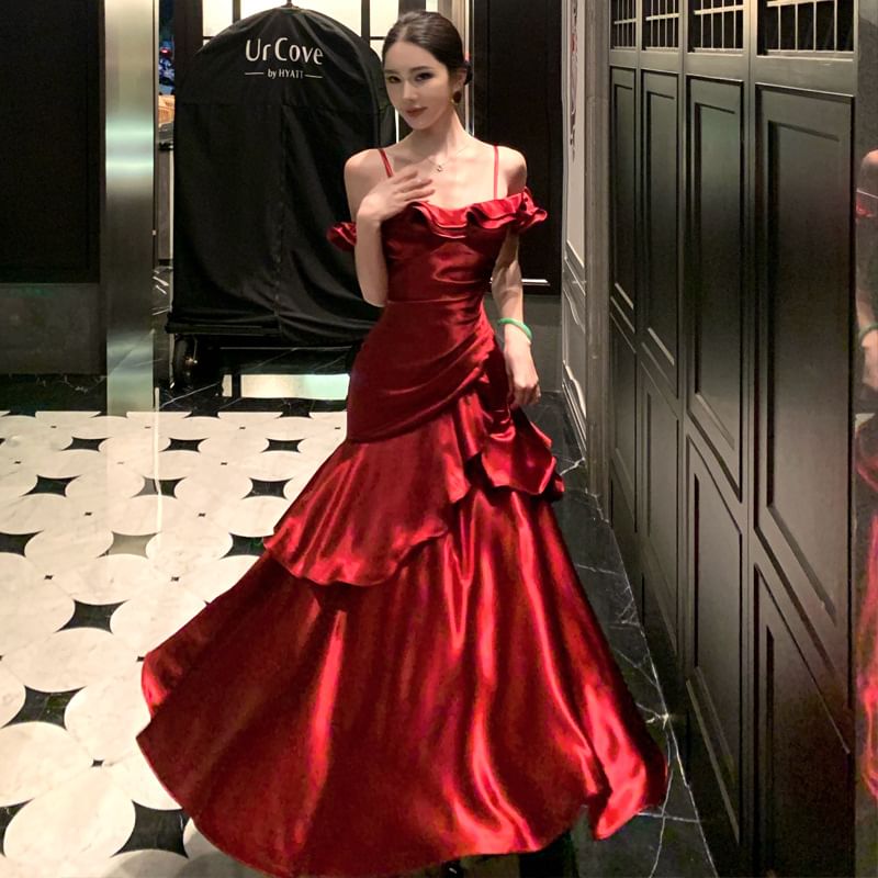Cold Shoulder Tiered Plain A-Line Evening Gown