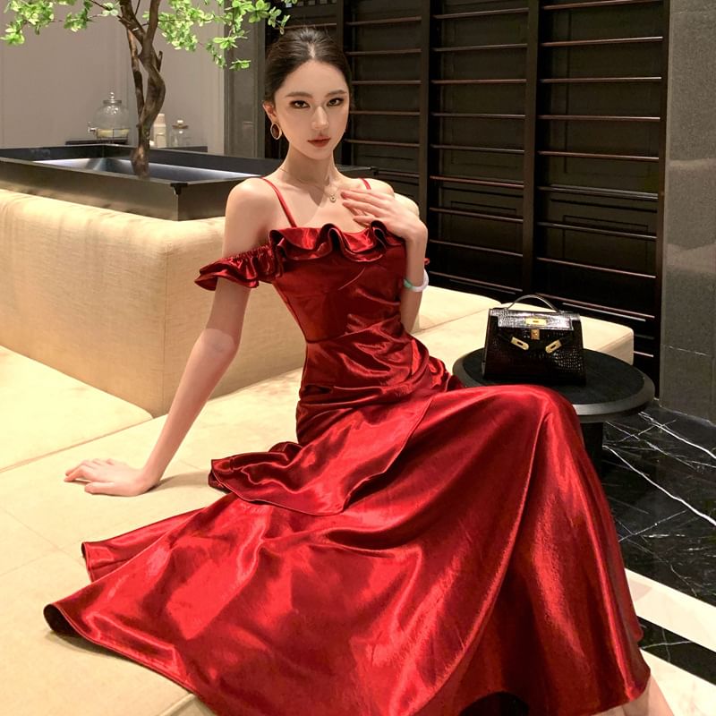 Cold Shoulder Tiered Plain A-Line Evening Gown