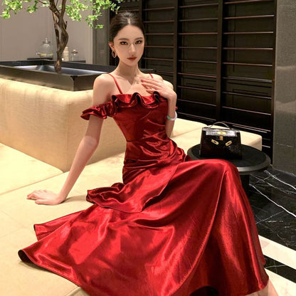 Cold Shoulder Tiered Plain A-Line Evening Gown
