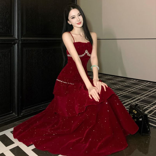 Spaghetti Strap Rhinestone A-Line Tiered Evening Gown