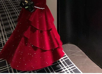 Spaghetti Strap Rhinestone A-Line Tiered Evening Gown