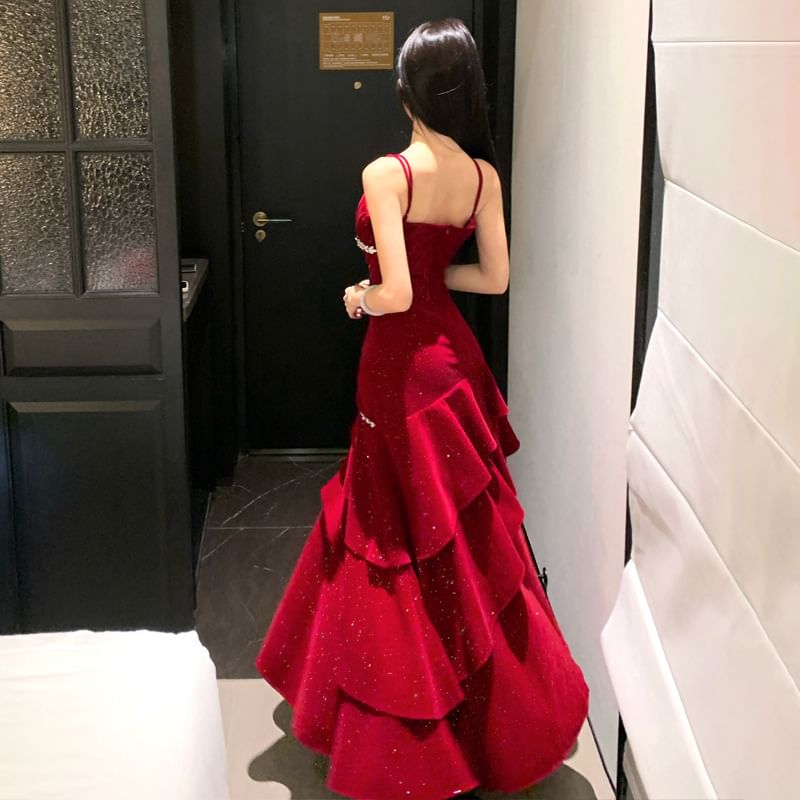Spaghetti Strap Rhinestone A-Line Tiered Evening Gown