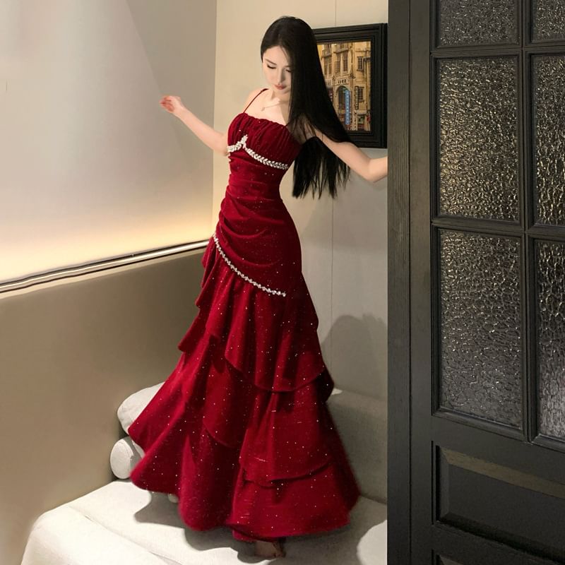 Spaghetti Strap Rhinestone A-Line Tiered Evening Gown