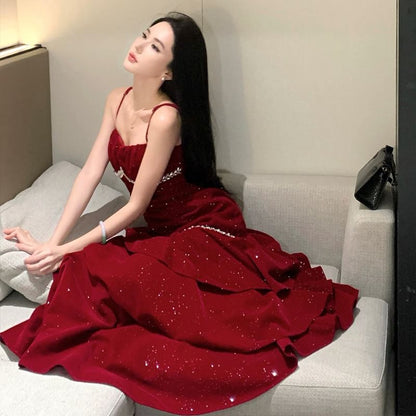 Spaghetti Strap Rhinestone A-Line Tiered Evening Gown
