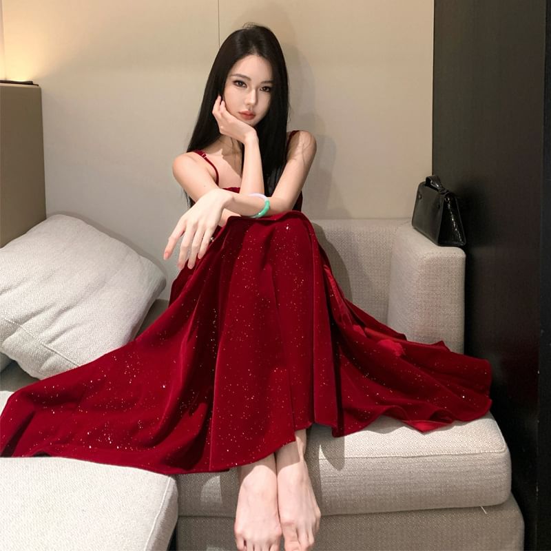 Spaghetti Strap Rhinestone A-Line Tiered Evening Gown