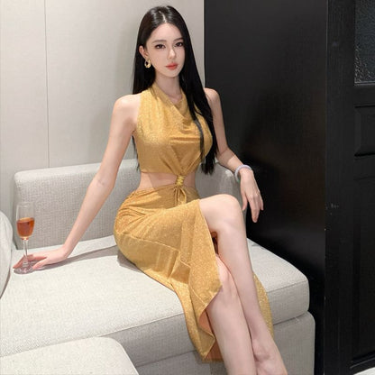 Sleeveless Cutout Glitter Sheath Evening Gown