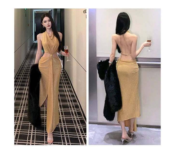 Sleeveless Cutout Glitter Sheath Evening Gown