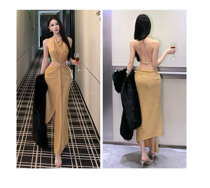 Sleeveless Cutout Glitter Sheath Evening Gown