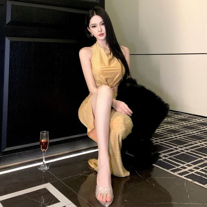 Sleeveless Cutout Glitter Sheath Evening Gown