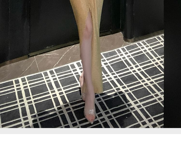 Sleeveless Cutout Glitter Sheath Evening Gown