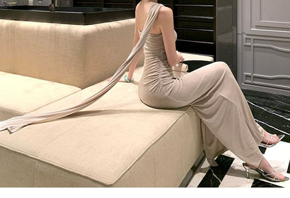 Sleeveless Draped Plain Mermaid Evening Gown