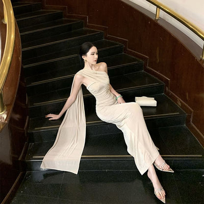 Sleeveless Draped Plain Mermaid Evening Gown