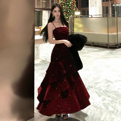 Spaghetti Strap Glitter Velvet Tiered A-Line Evening Gown