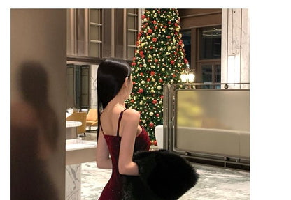 Spaghetti Strap Glitter Velvet Tiered A-Line Evening Gown