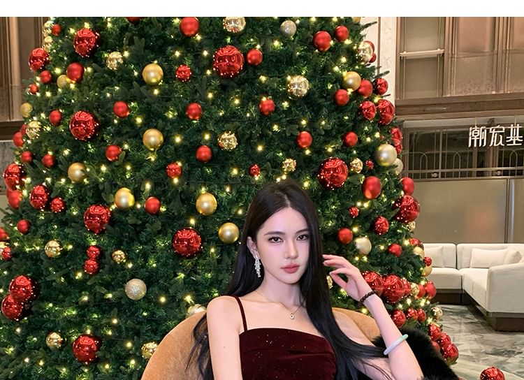 Spaghetti Strap Glitter Velvet Tiered A-Line Evening Gown