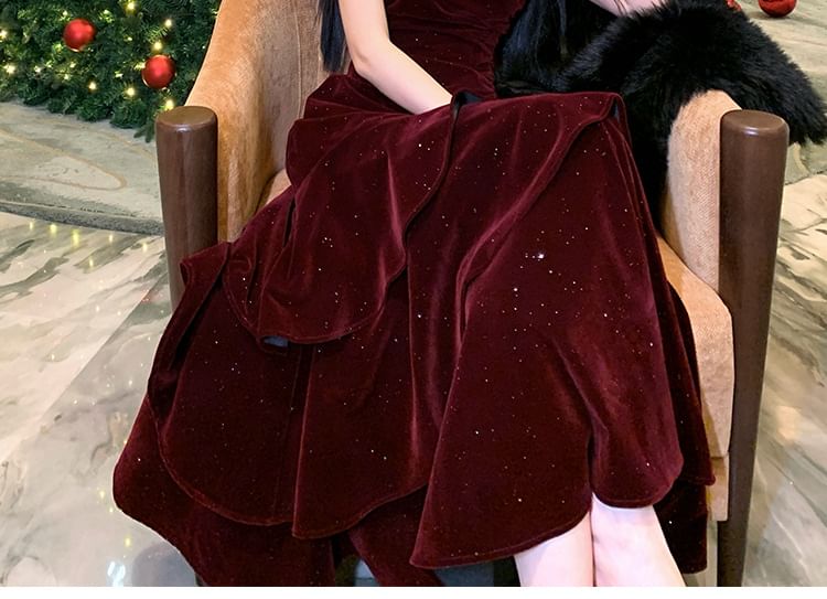 Spaghetti Strap Glitter Velvet Tiered A-Line Evening Gown