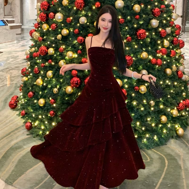 Spaghetti Strap Glitter Velvet Tiered A-Line Evening Gown
