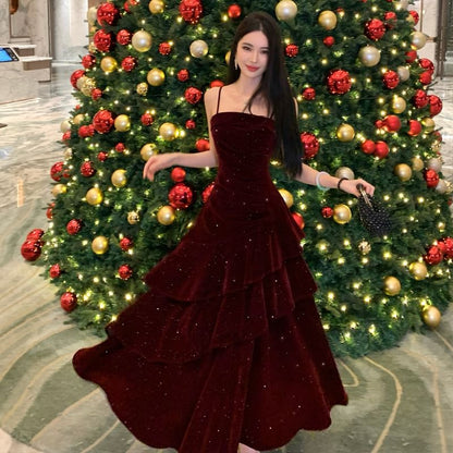 Spaghetti Strap Glitter Velvet Tiered A-Line Evening Gown