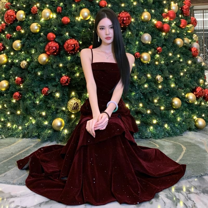 Spaghetti Strap Glitter Velvet Tiered A-Line Evening Gown