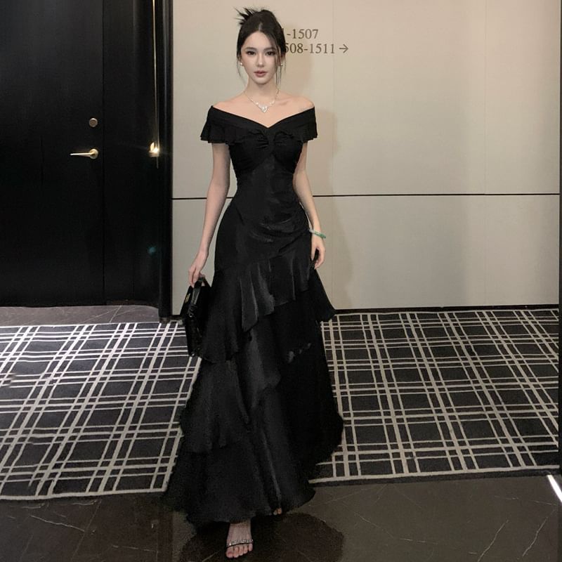 Short-Sleeve Off Shoulder Plain A-Line Evening Gown